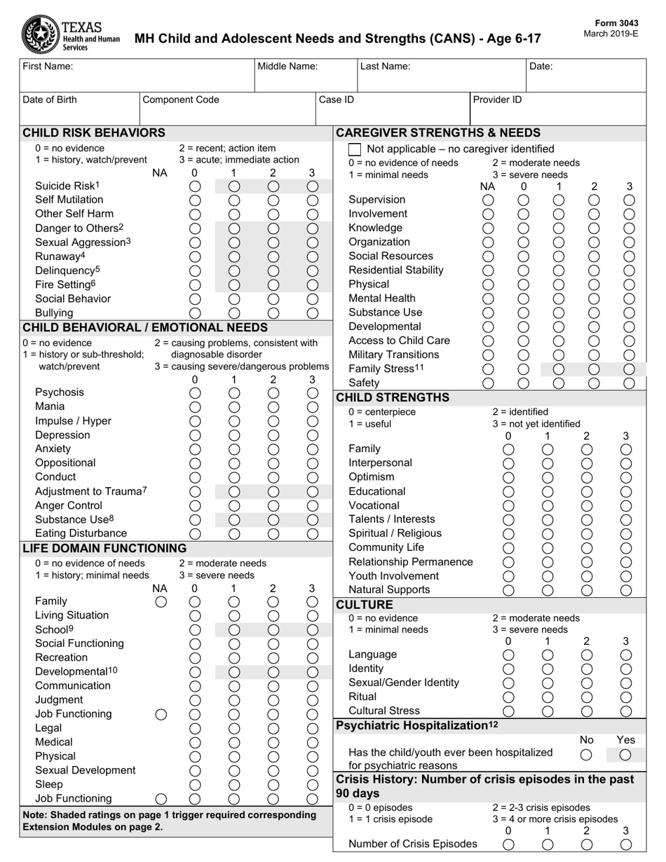 Form 3043 Mh Child and Adolescent Needs and Strengths (Cans) - Age 6-17 - Texas, Page 1