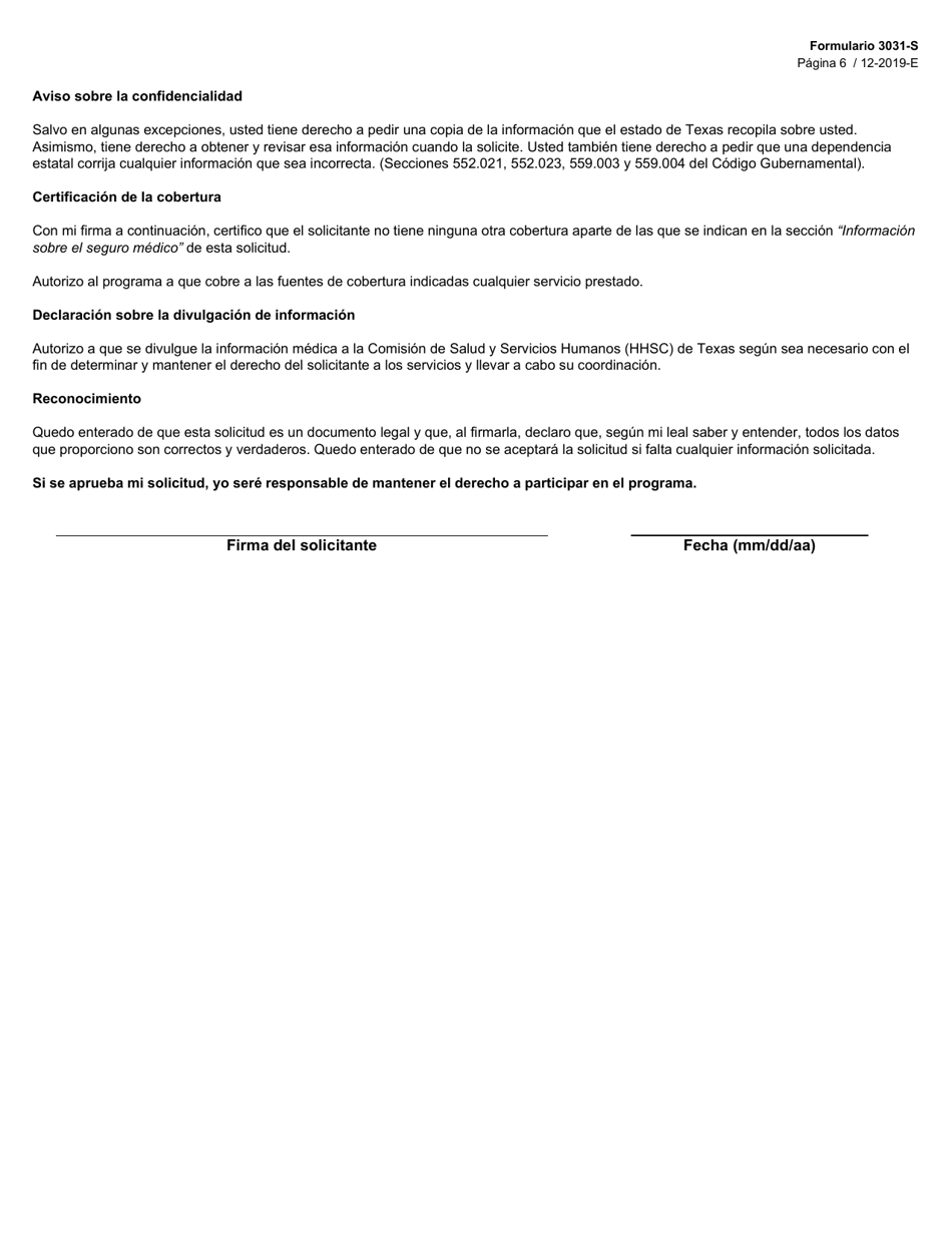 Formulario 3031-S Solicitud De Beneficios Del Programa Para Ninos Con Necesidades Medicas Especiales (Cshcn) - Texas (Spanish), Page 6