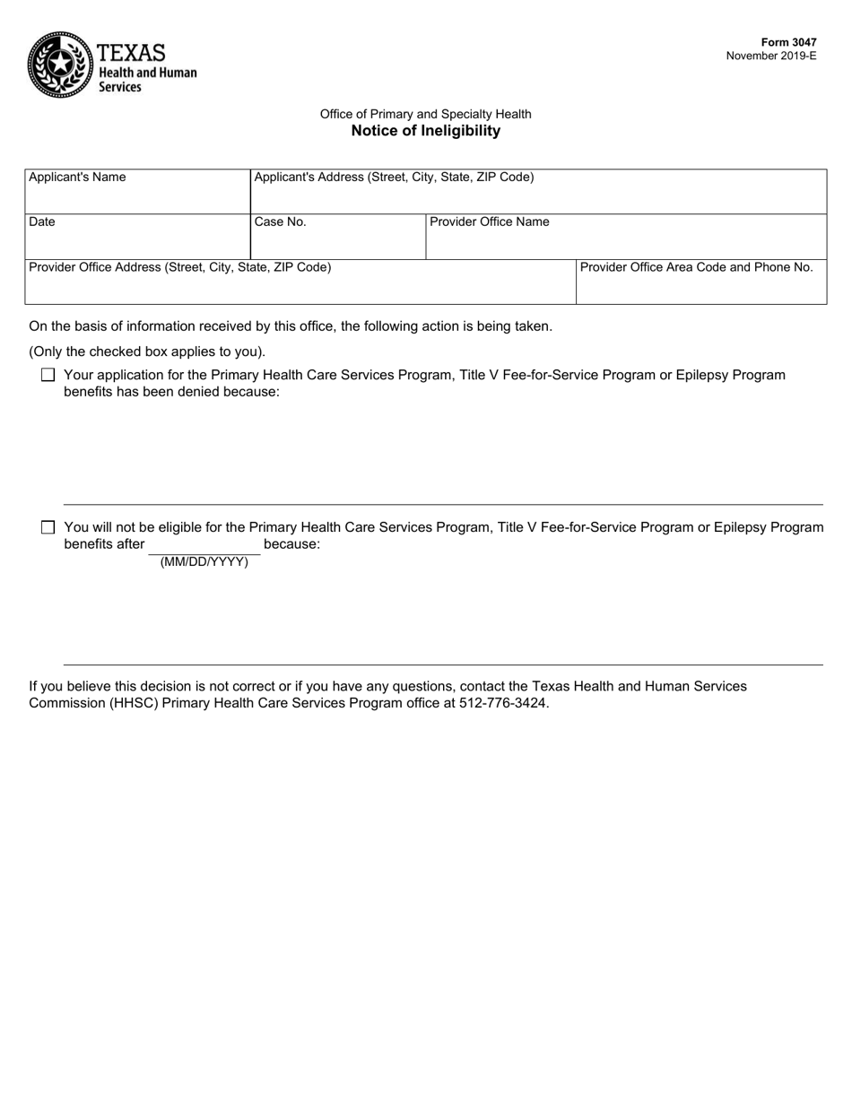 Form 3047 Office of Primary and Specialty Health Notice of Ineligibility - Texas, Page 1