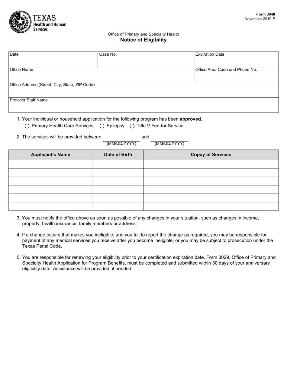 Form 3048 Office of Primary and Specialty Health Notice of Eligibility - Texas, Page 1