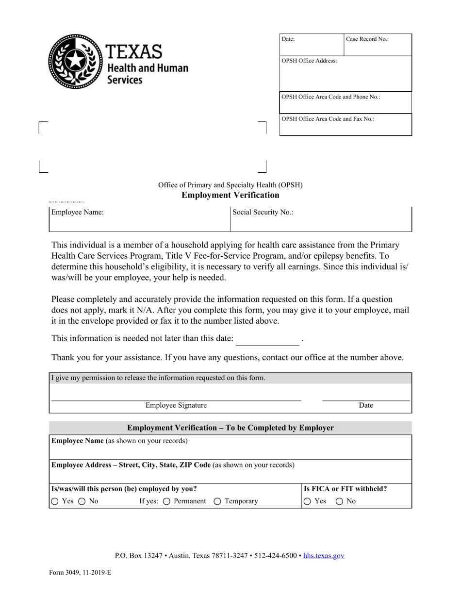 Form 3049 Office of Primary and Specialty Health (Opsh) Employment Verification - Texas, Page 1