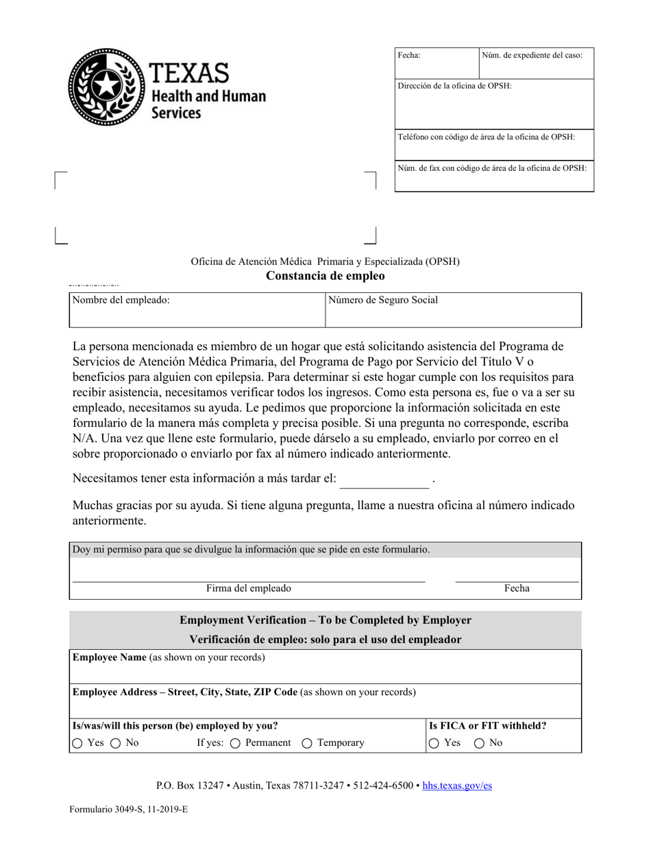 Formulario 3049-S Oficina De Atencion Medica Primaria Y Especializada (Opsh) Constancia De Empleo - Texas (Spanish), Page 1