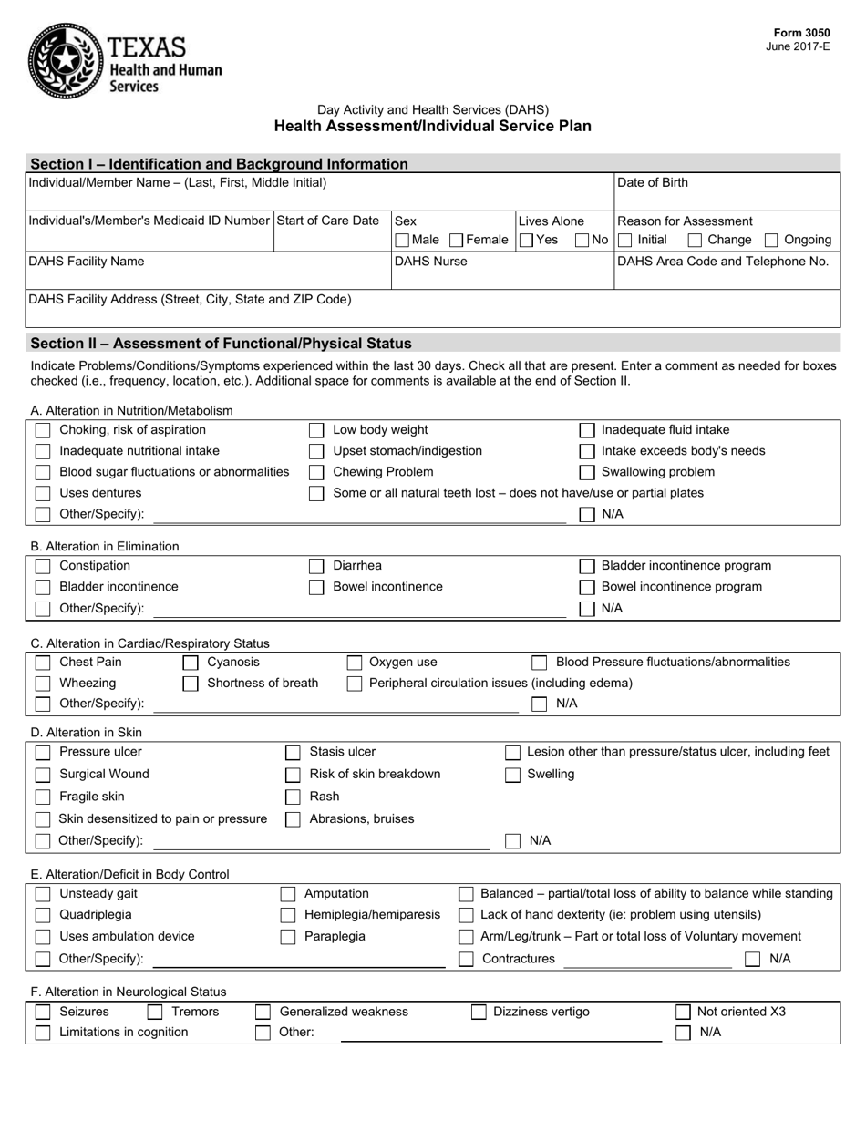 Form 3050 Day Activity and Health Services (Dahs) Health Assessment / Individual Service Plan - Texas, Page 1