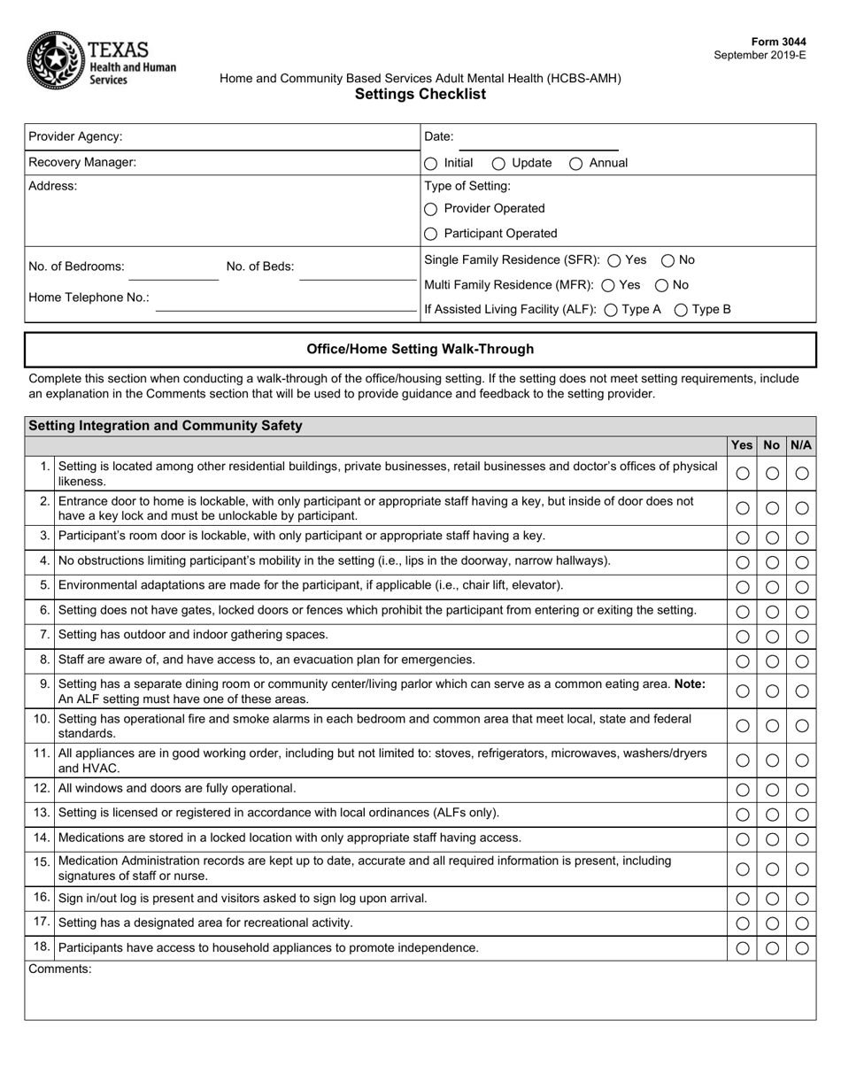 Form 3044 Home and Community Based Services Adult Mental Health (Hcbs-Amh) Settings Checklist - Texas, Page 1