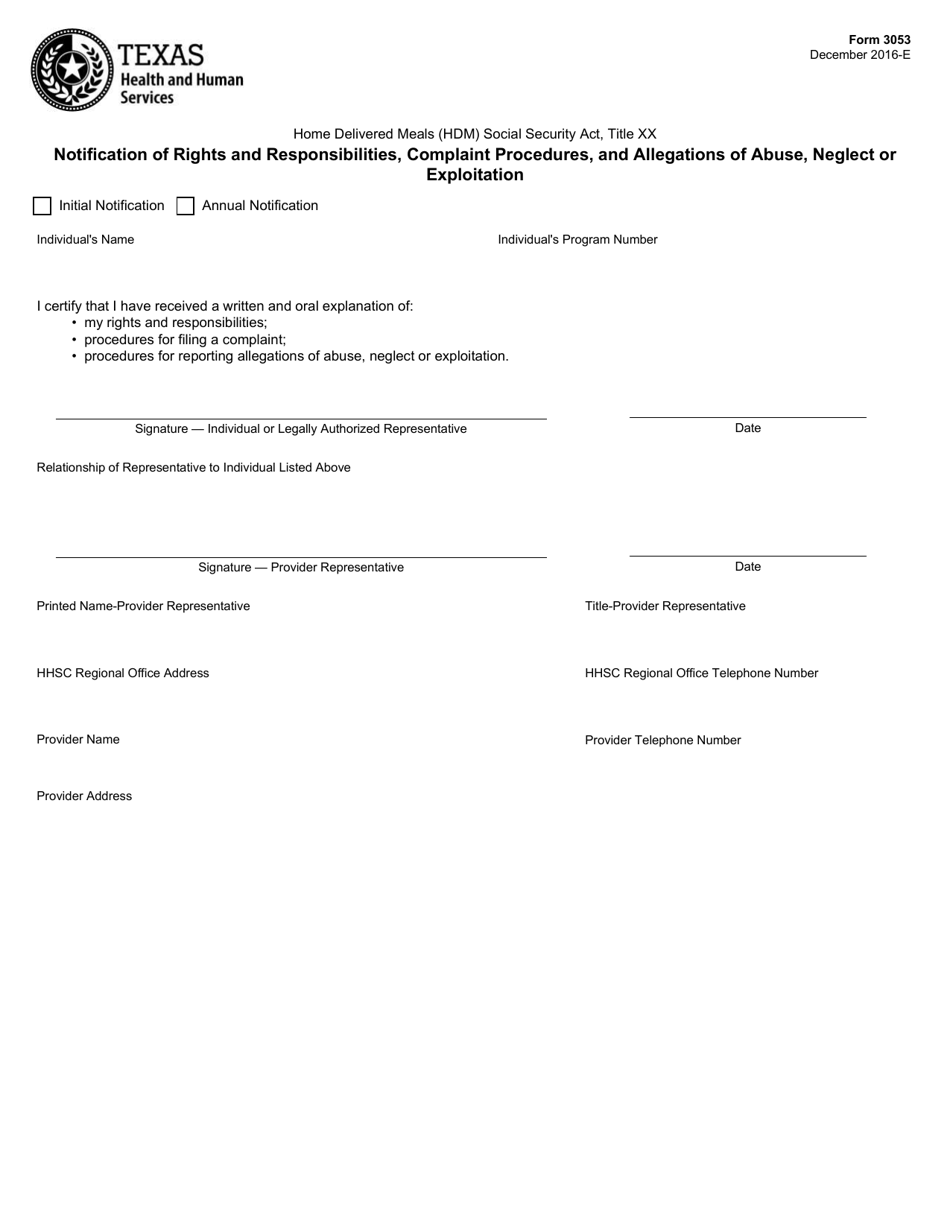 Form 3053 Home Delivered Meals (Hdm) Social Security Act, Title Xx Notification of Rights and Responsibilities, Complaint Procedures, and Allegations of Abuse, Neglect or Exploitation - Texas, Page 1