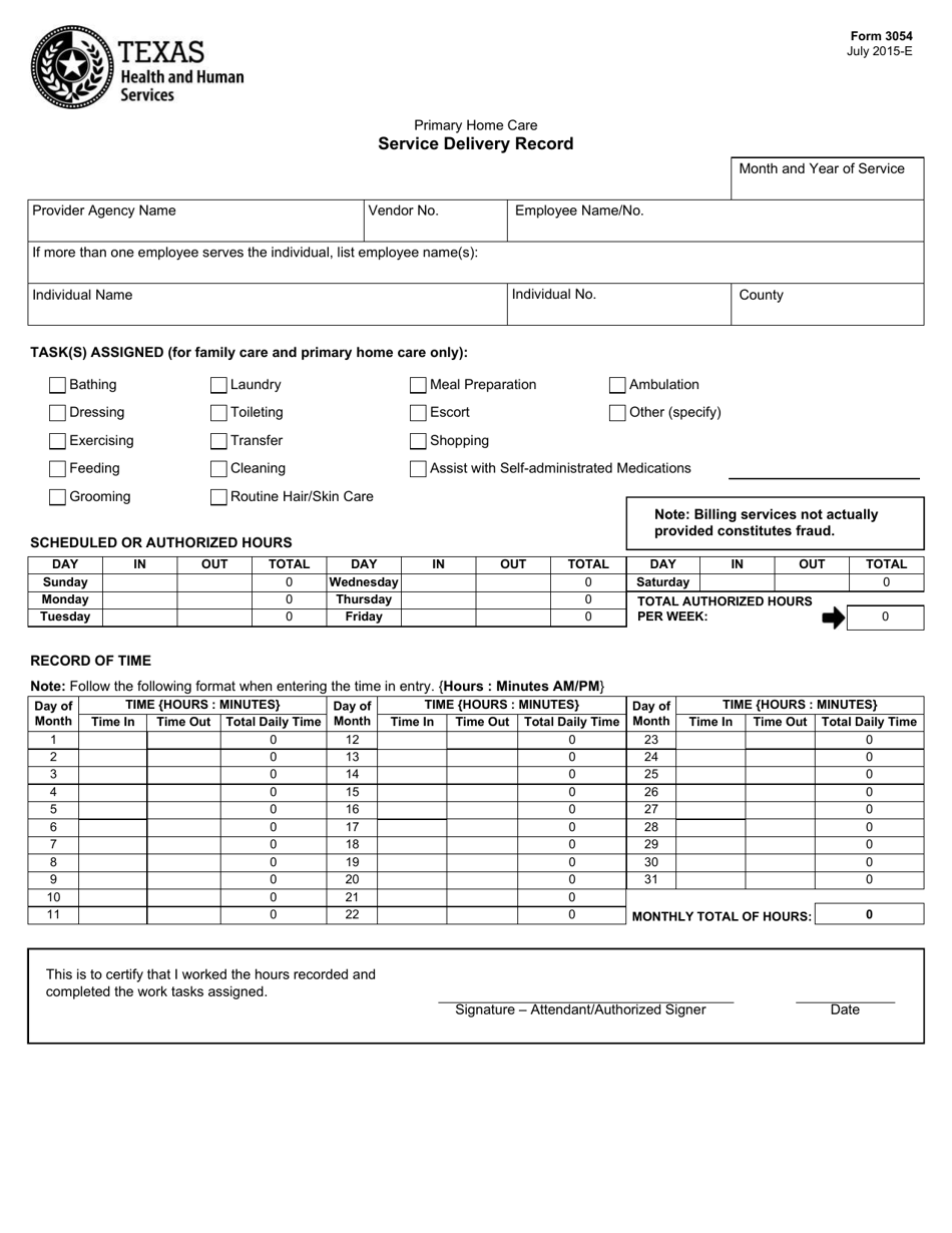 Form 3054 Primary Home Care Service Delivery Record - Texas, Page 1