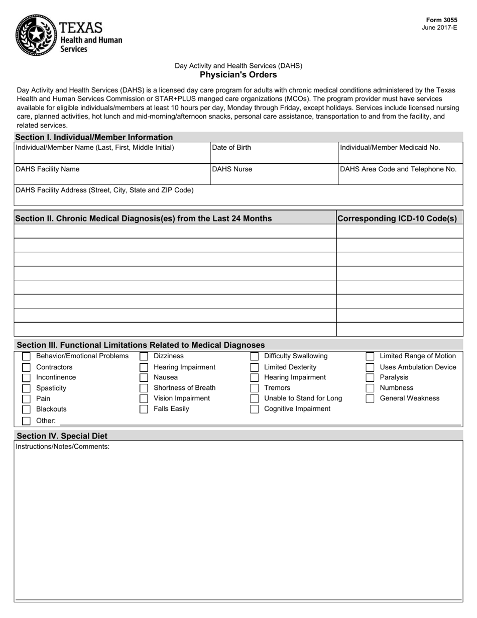 Form 3055 Day Activity and Health Services (Dahs) Physicians Orders - Texas, Page 1