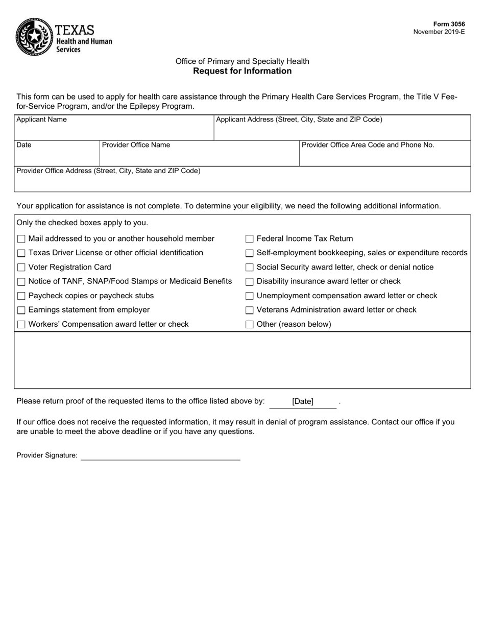 Form 3056 Office of Primary and Specialty Health Request for Information - Texas, Page 1