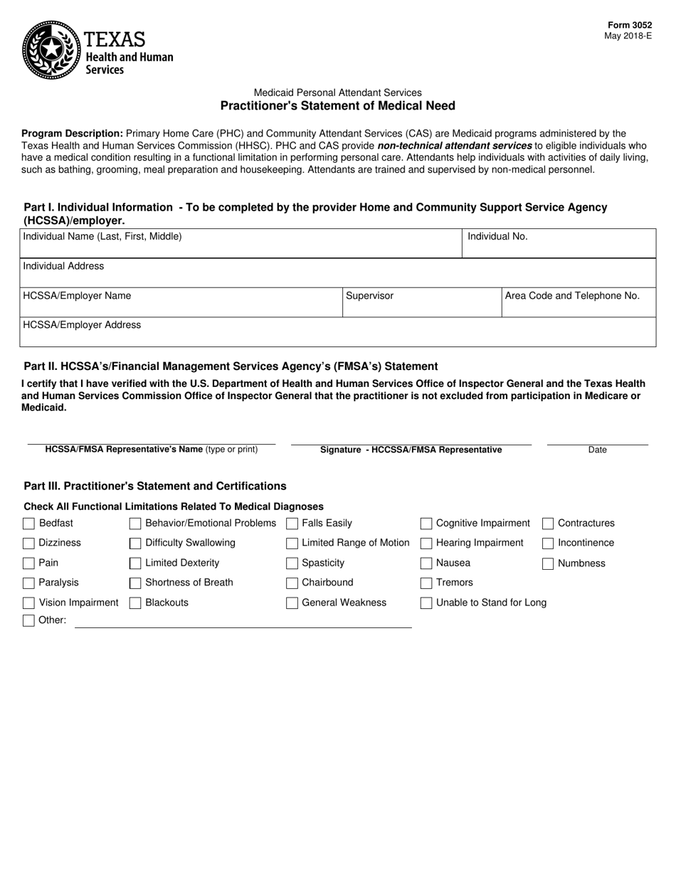 Form 3052 Practitioners Statement of Medical Need - Texas, Page 1