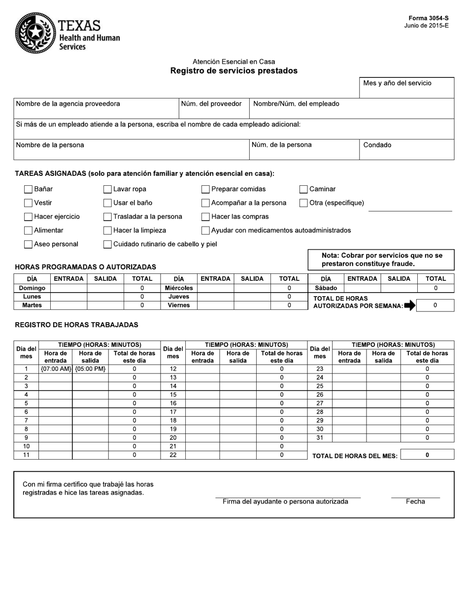 Formulario 3054-S Atencion Esencial En Casa Registro De Servicios Prestados - Texas (Spanish), Page 1
