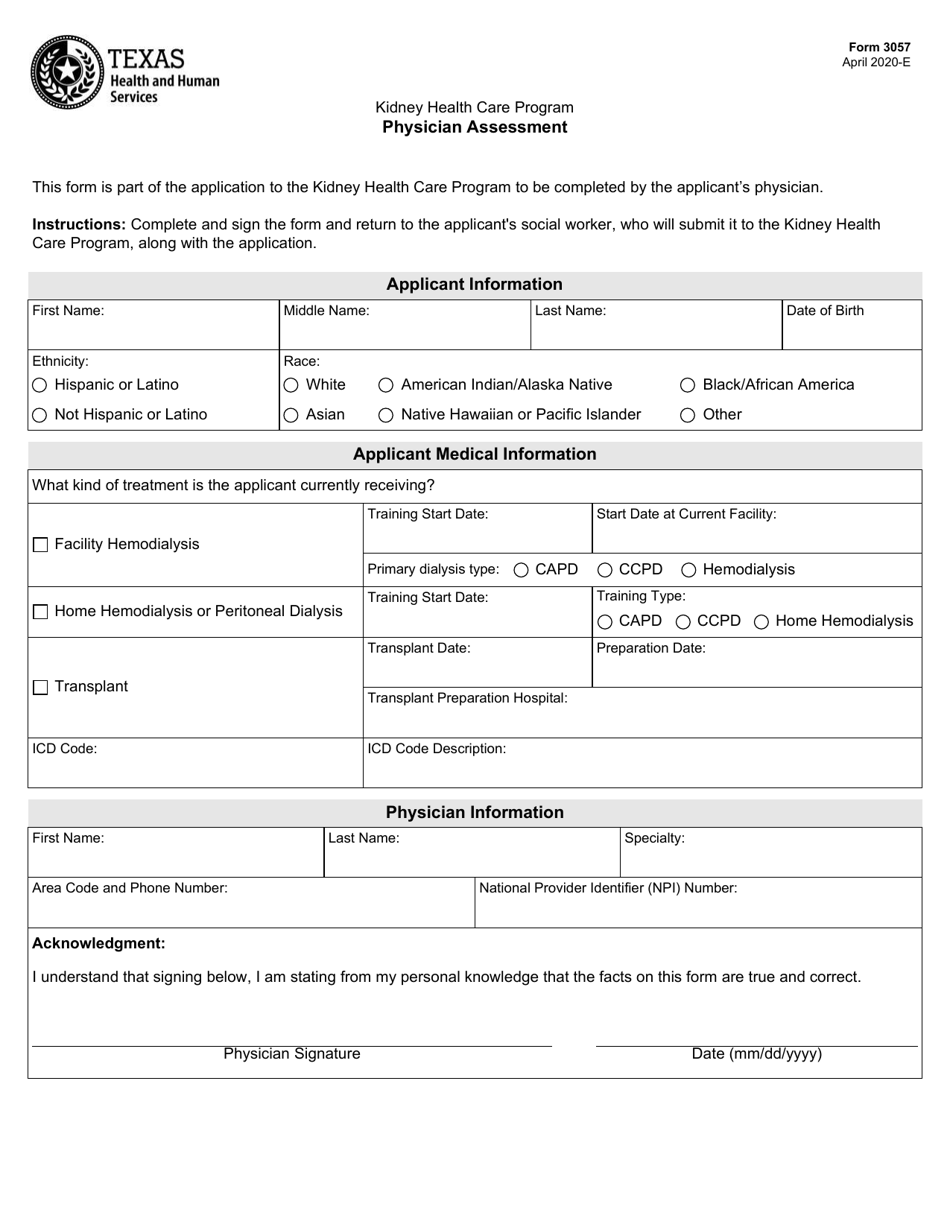 Form 3057 Kidney Health Care Program Physician Assessment - Texas, Page 1