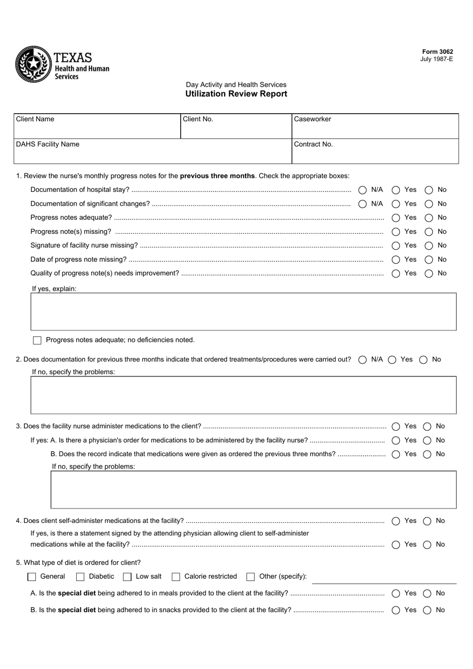 Form 3062 Day Activity and Health Services Utilization Review Report - Texas, Page 1