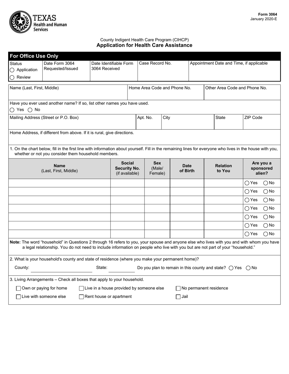 Form 3064 Download Fillable Pdf Or Fill Online Application For Health Care Assistance Texas Templateroller