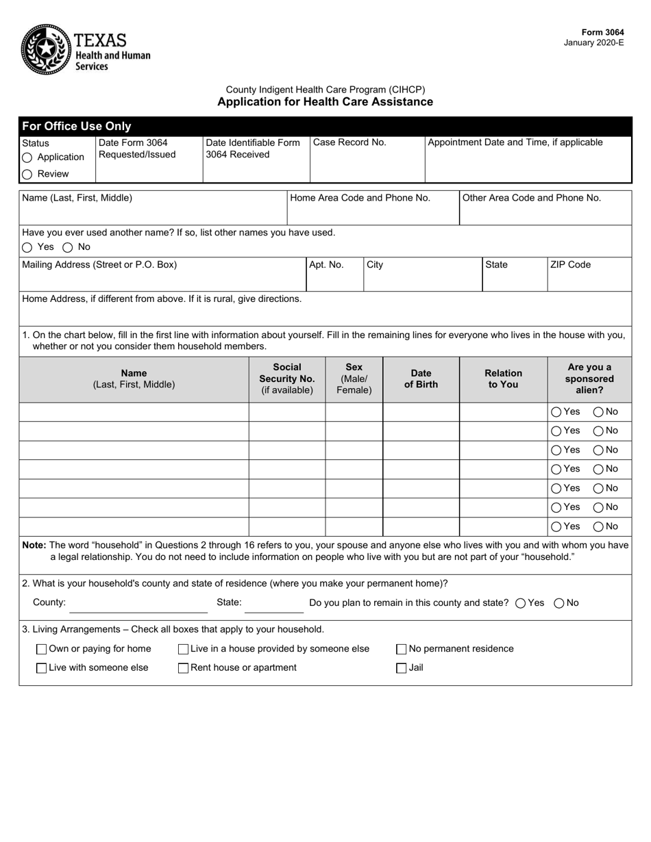 Form 3064 Application for Health Care Assistance - Texas, Page 1