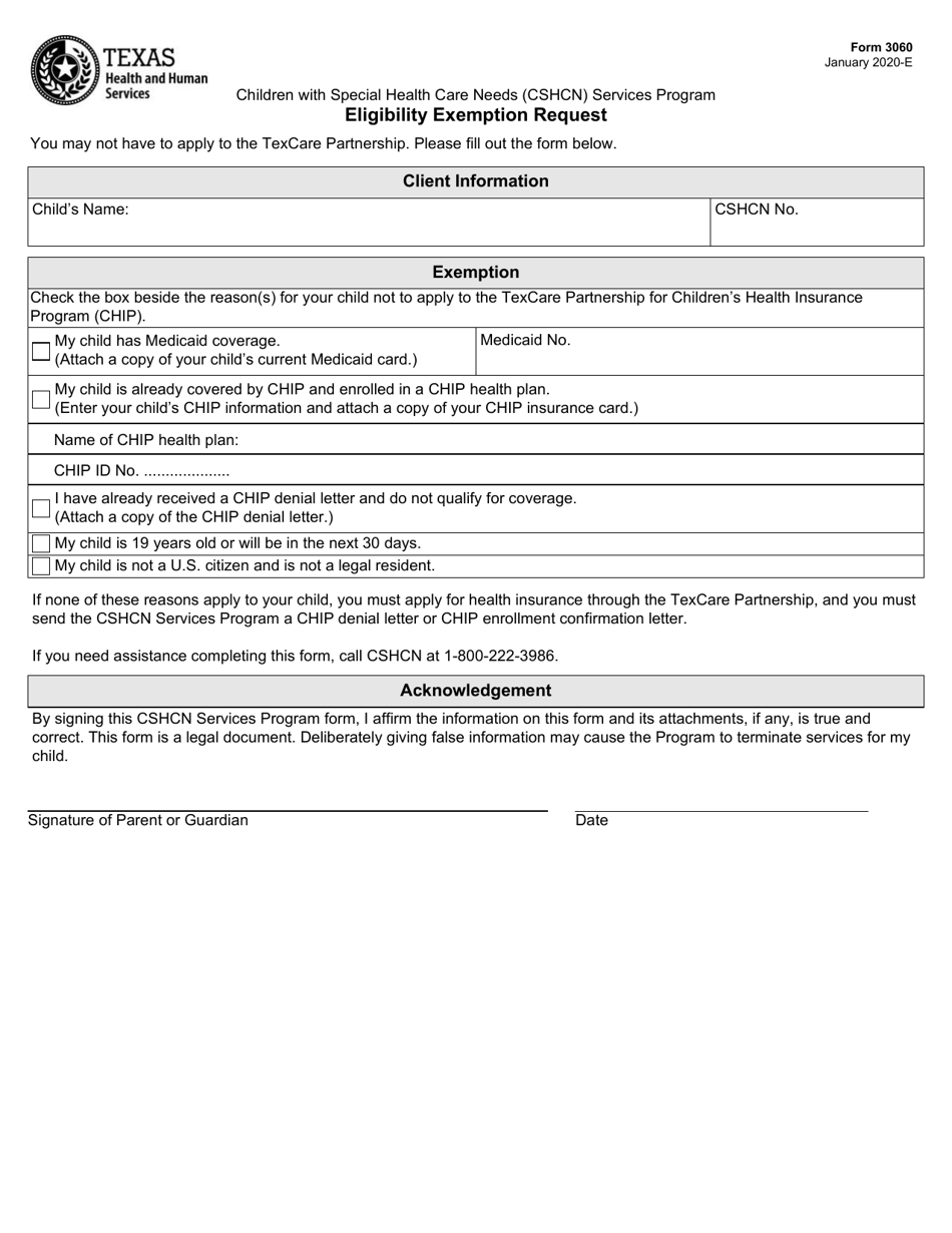 Form 3060 Children With Special Health Care Needs (Cshcn) Services Program Eligibility Exemption Request - Texas, Page 1