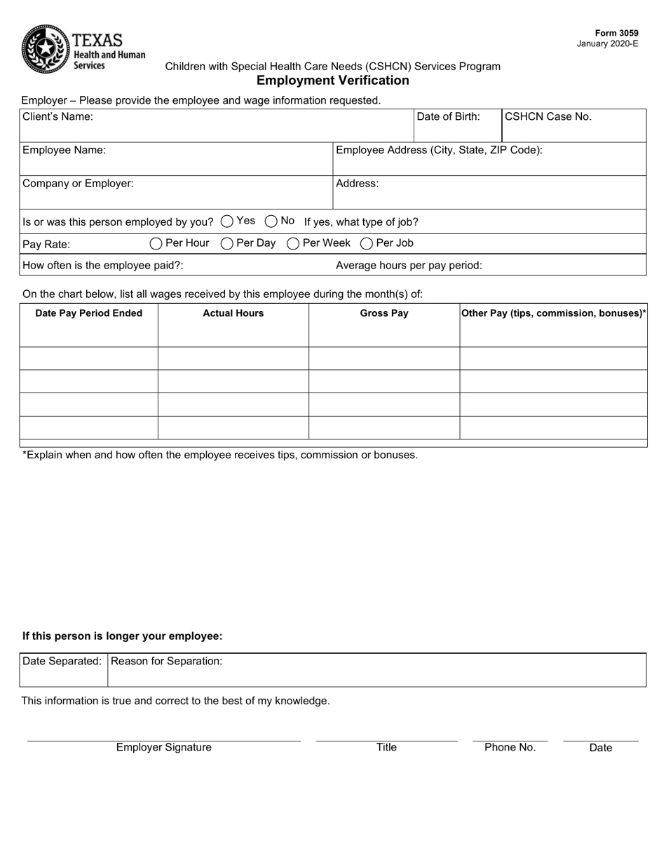 Form 3059 Cshcn Employment Verification - Texas, Page 1