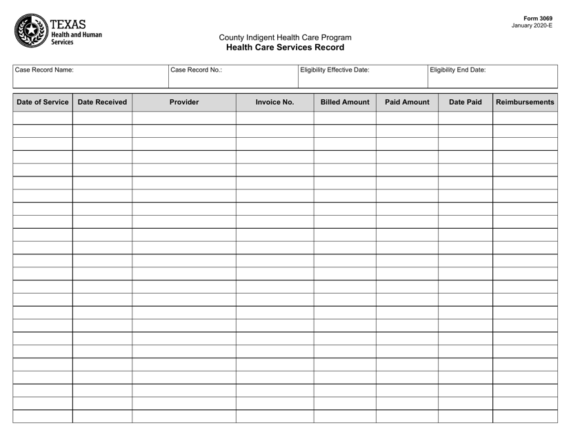 Form 3069 County Indigent Health Care Program Health Care Services Record - Texas