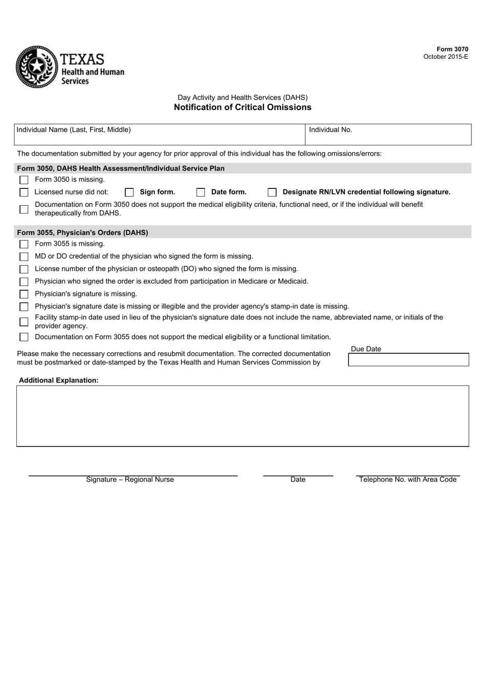 Form 3070 Day Activity and Health Services (Dahs) Notification of Critical Omissions - Texas, Page 1