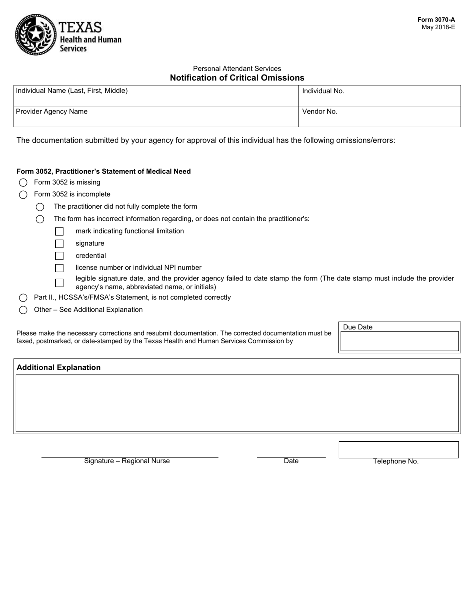 Form 3070-A Personal Attendant Services Notification of Critical Omissions - Texas, Page 1