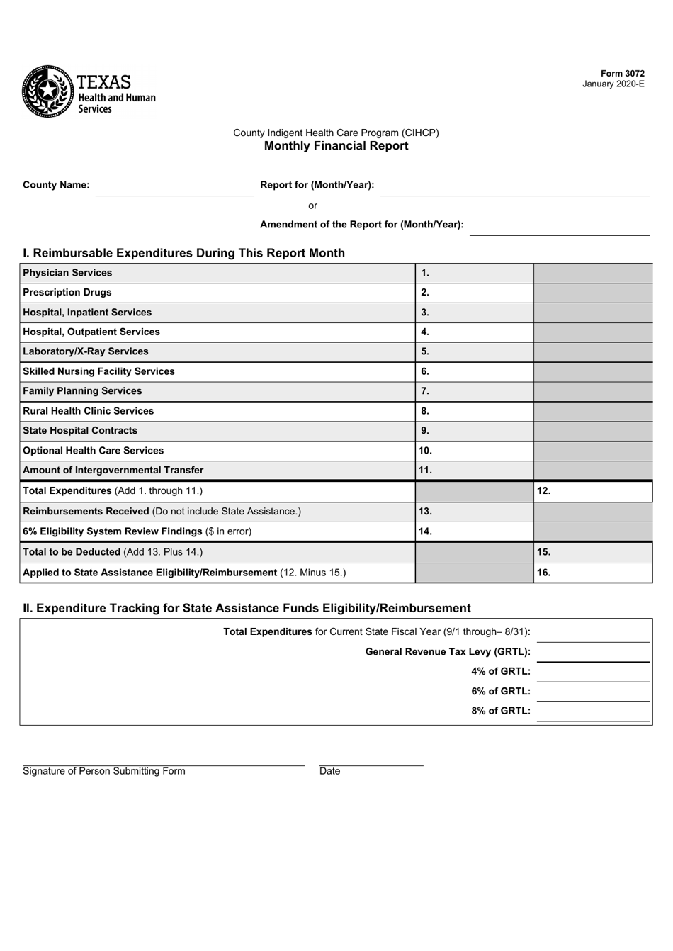 Form 3072 County Indigent Health Care Program (Cihcp) Monthly Financial Report - Texas, Page 1