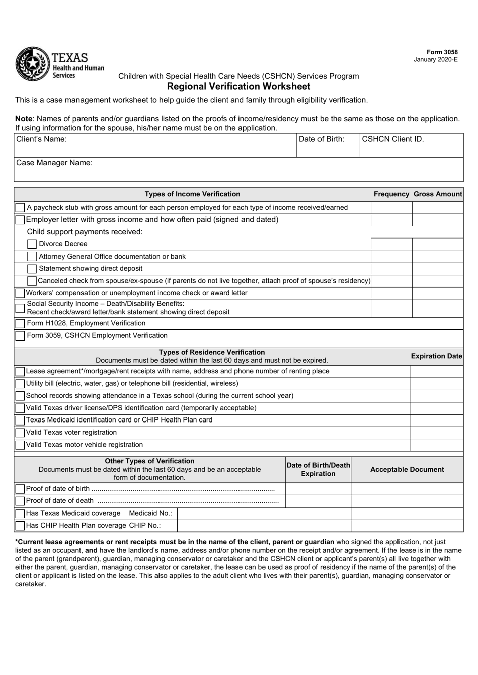 Form 3058 Children With Special Health Care Needs (Cshcn) Services Program Regional Verification Worksheet - Texas, Page 1