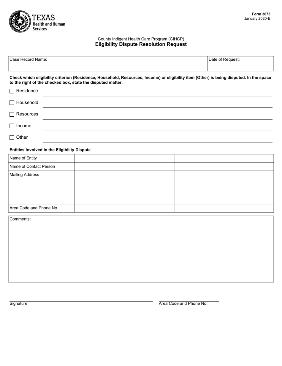 Form 3073 County Indigent Health Care Program (Cihcp) Eligibility Dispute Resolution Request - Texas, Page 1