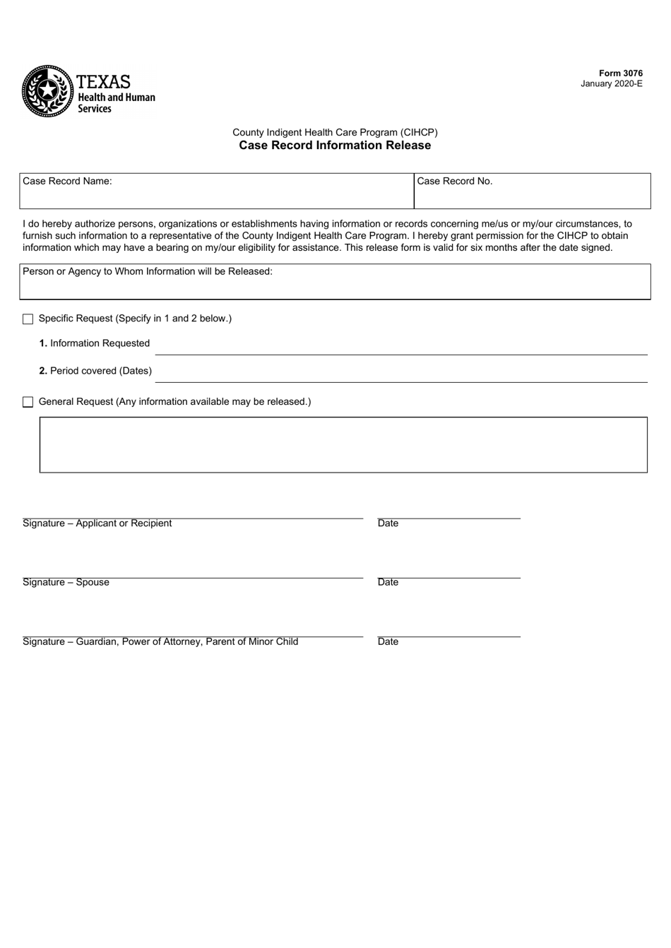 Form 3076 Case Record Information Release - Texas, Page 1