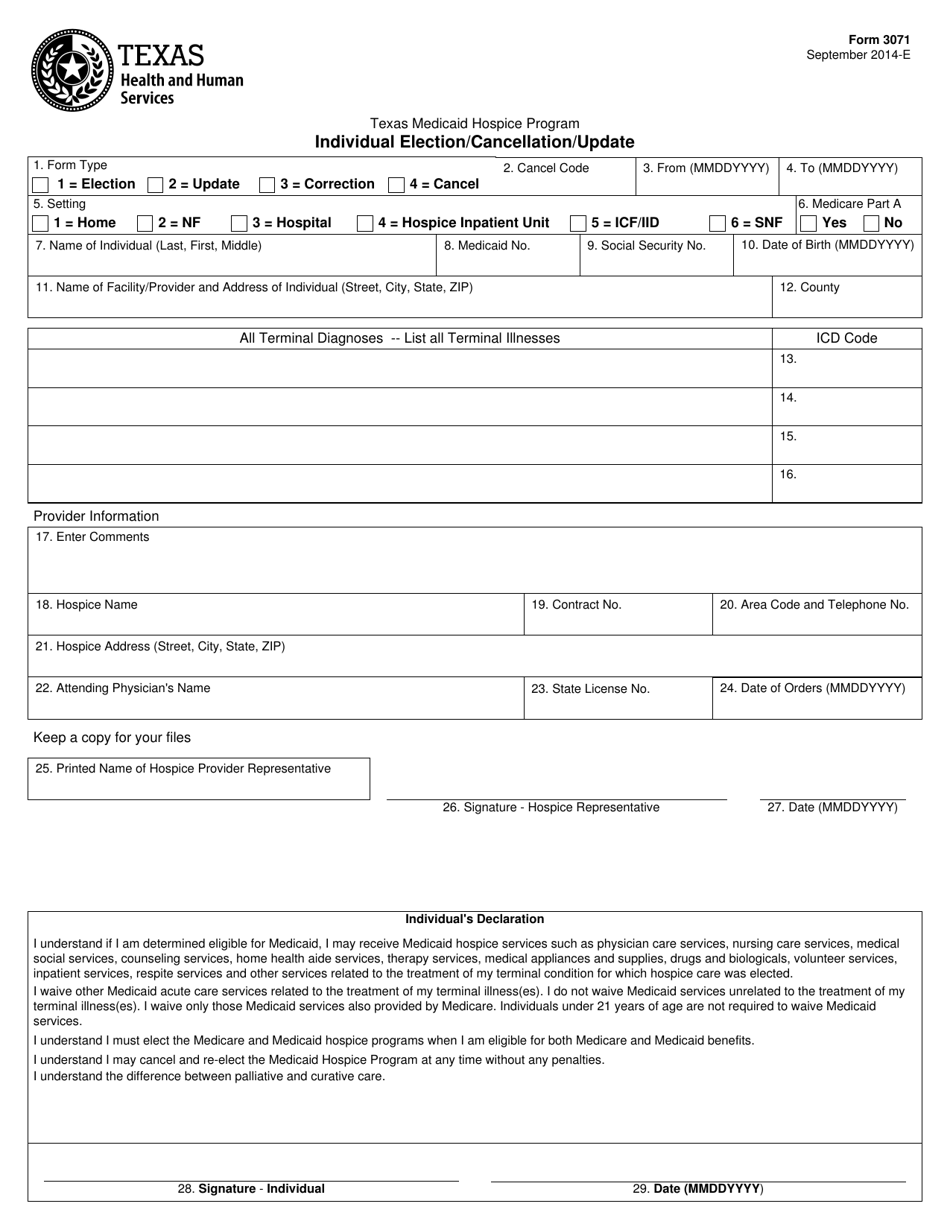 Form 3071 Individual Election / Cancellation / Update - Texas, Page 1