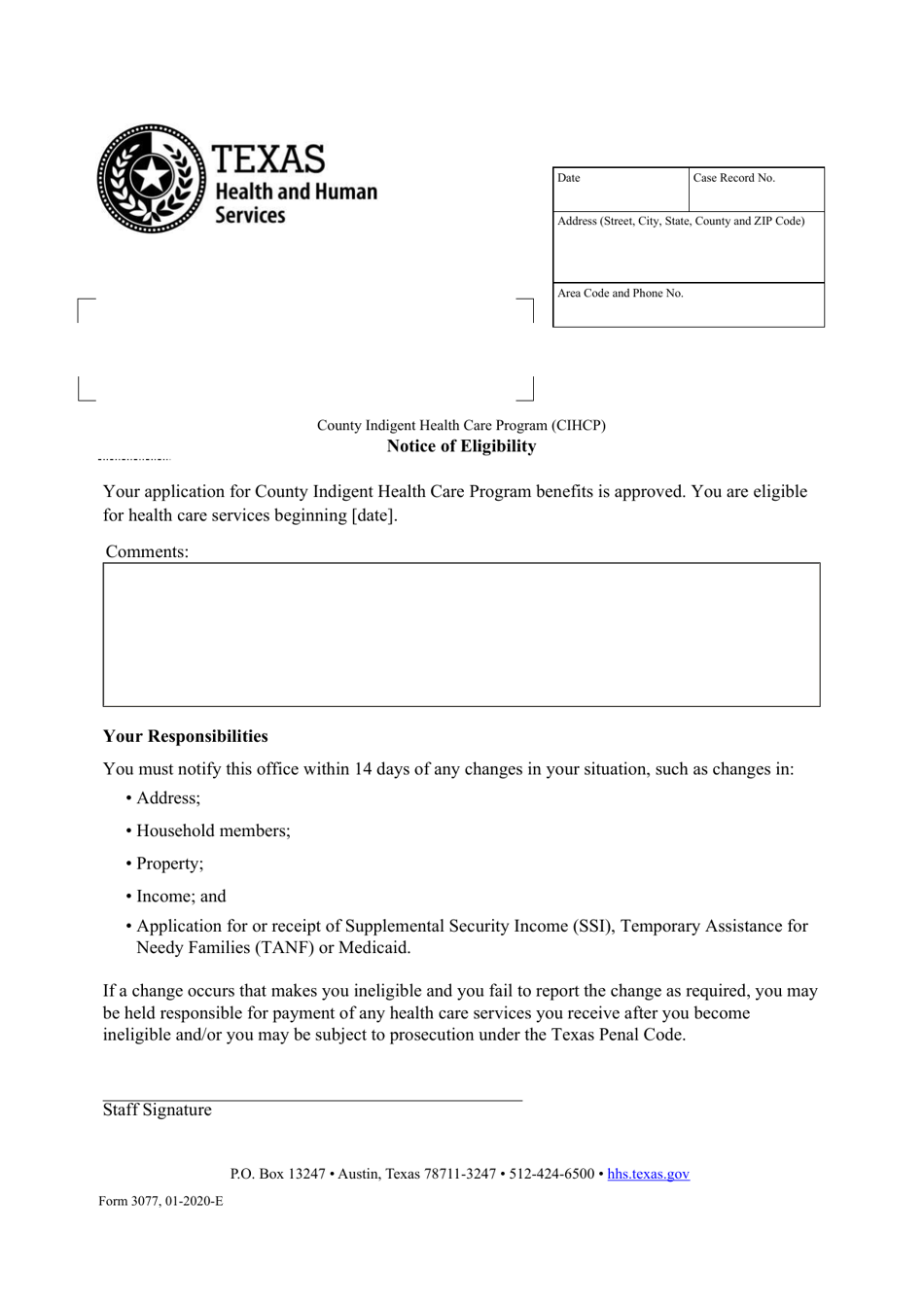 Form 3077 Notice of Eligibility - Texas, Page 1
