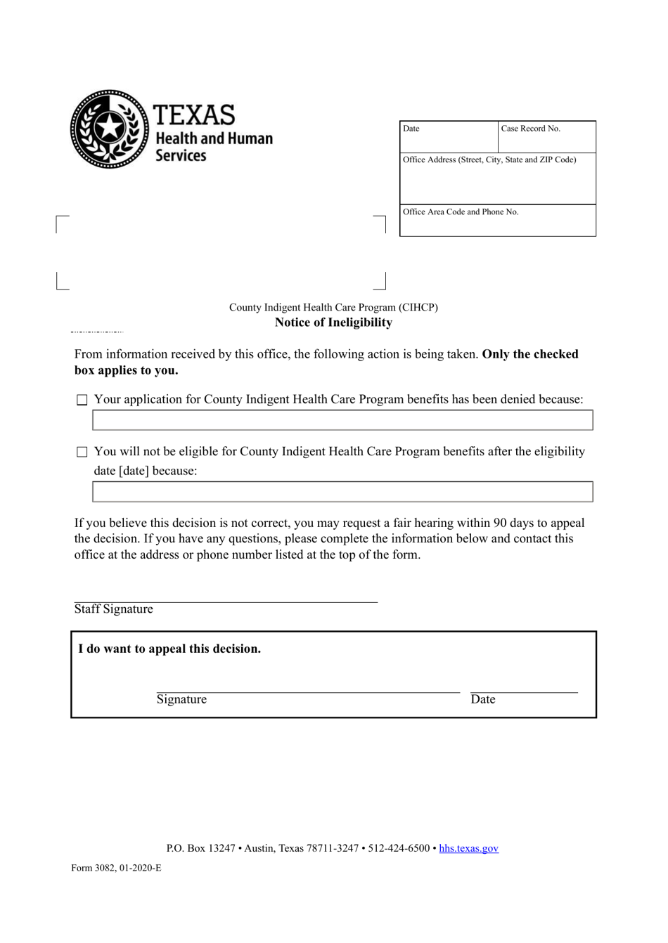 Form 3082 Notice of Ineligibility - Texas, Page 1