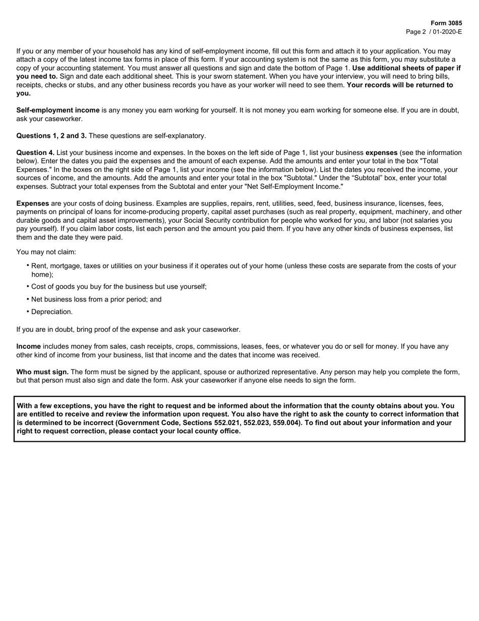 Form 3085 Statement of Self-employment Income - Texas, Page 2