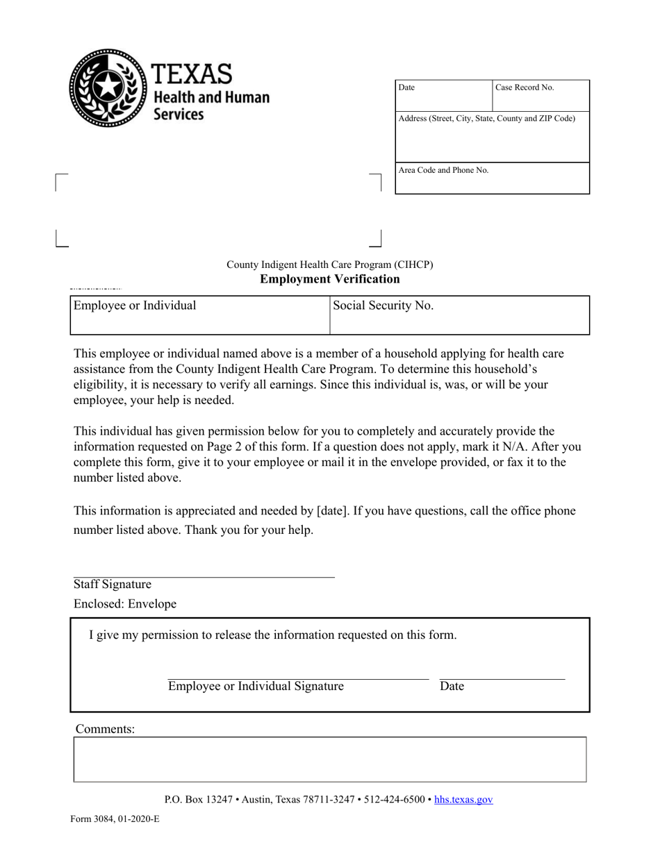 Form 3084 Employment Verification - Texas, Page 1
