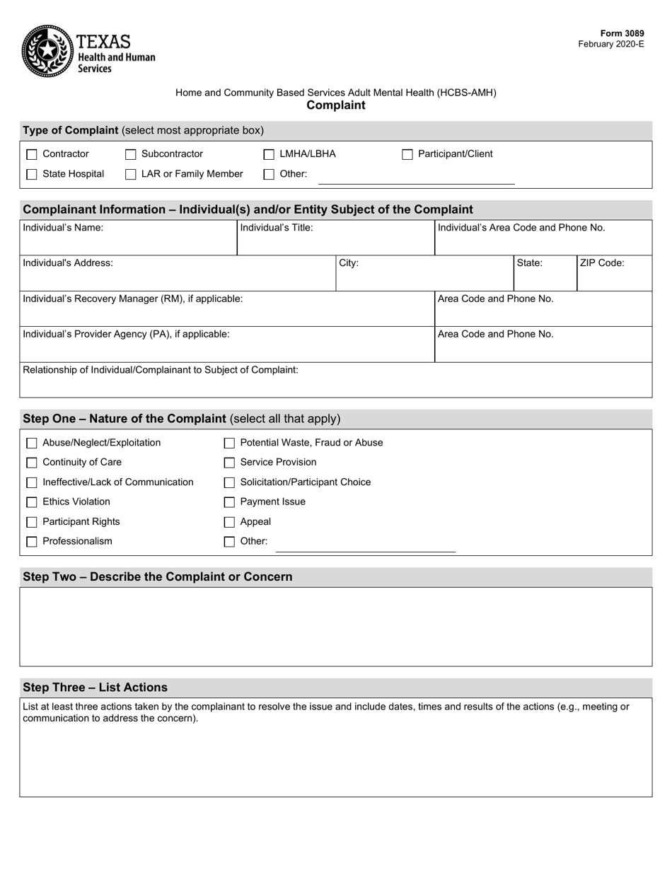 Form 3089 Home and Community Based Services Adult Mental Health (Hcbs-Amh) Complaint - Texas, Page 1