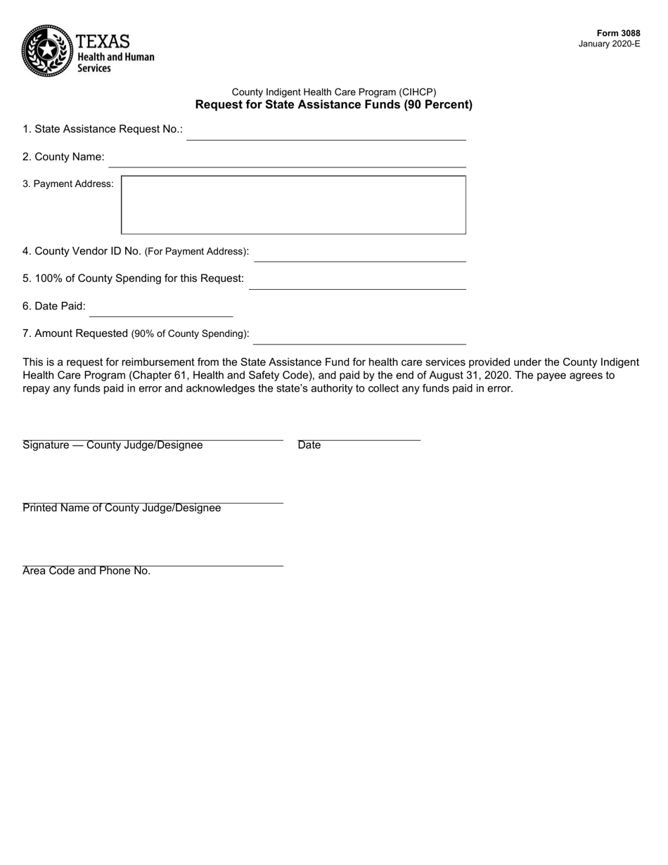 Form 3088 Request for State Assistance Funds (90 Percent) - Texas, Page 1