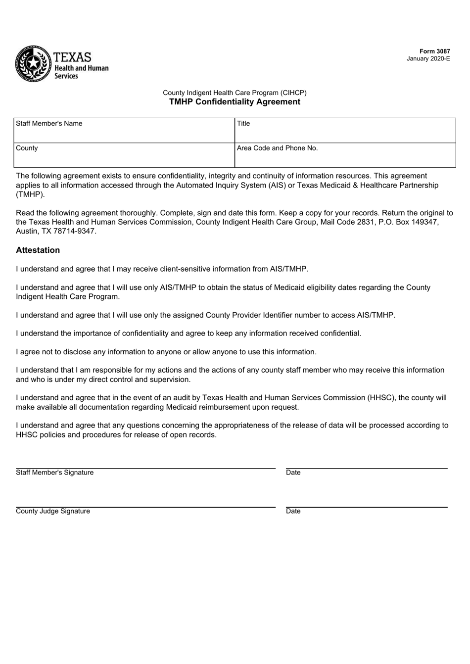 Form 3087 Tmhp Confidentiality Agreement - Texas, Page 1