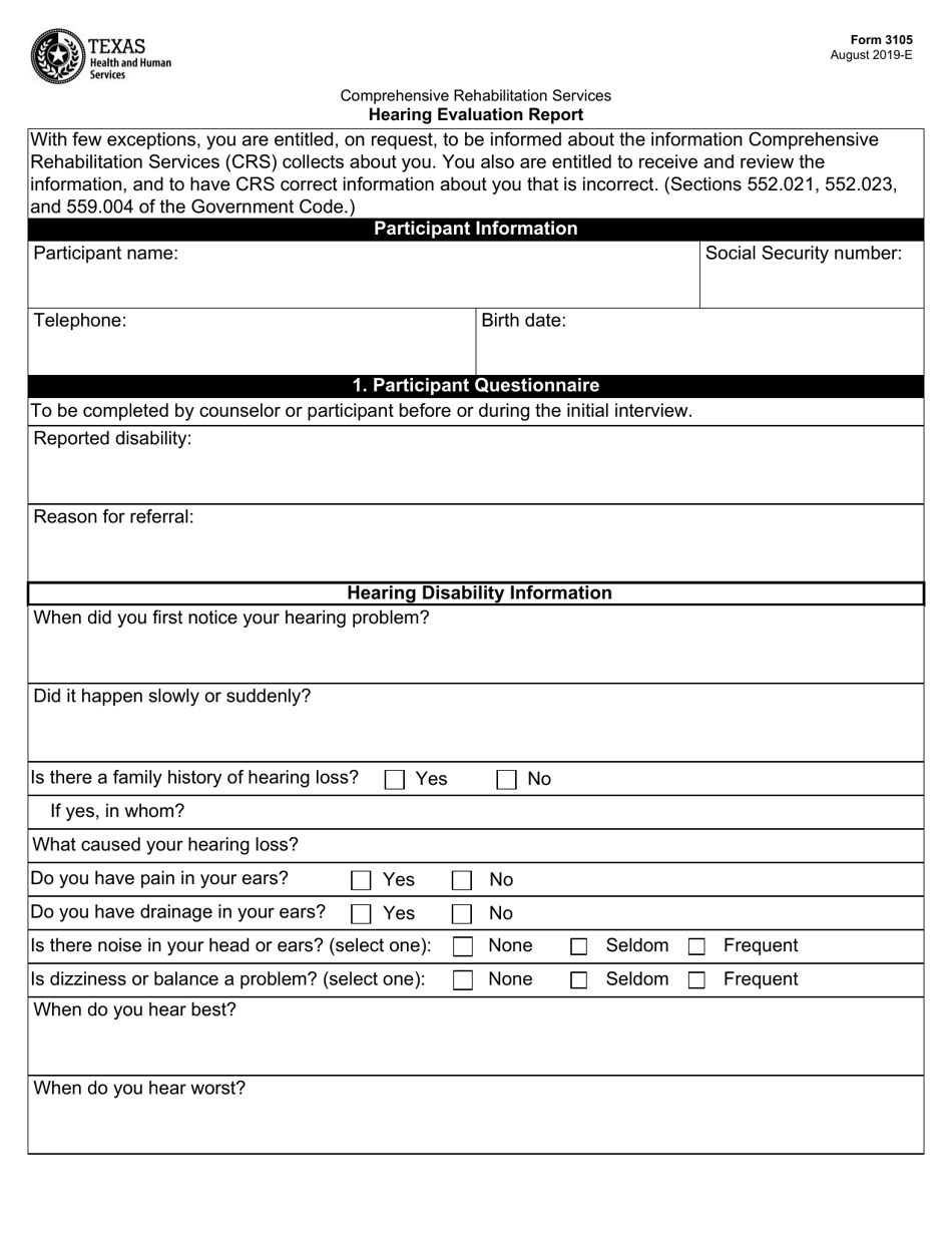 Form 3105 Comprehensive Rehabilitation Services Hearing Evaluation Report - Texas, Page 1