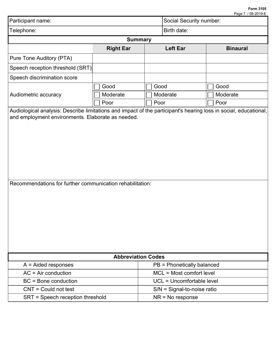 Form 3105 Comprehensive Rehabilitation Services Hearing Evaluation Report - Texas, Page 7