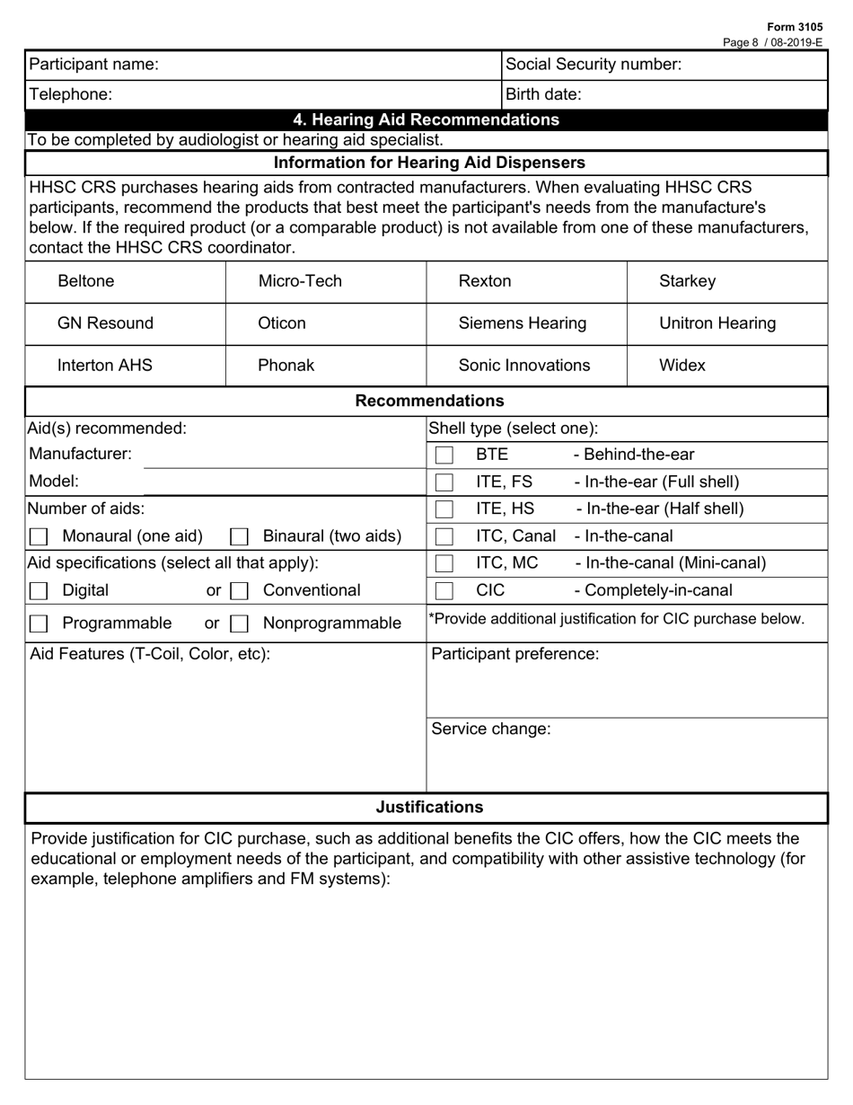 Form 3105 Comprehensive Rehabilitation Services Hearing Evaluation Report - Texas, Page 8
