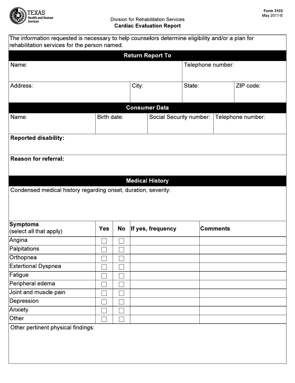 Form 3103 Cardiac Evaluation Report - Texas, Page 1