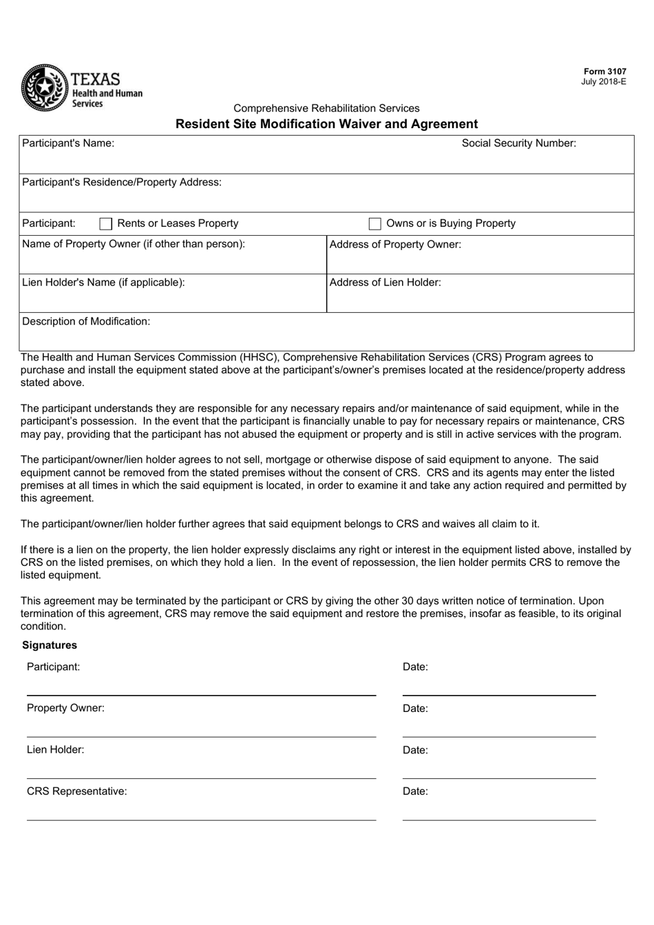 Form 3107 Resident Site Modification Waiver and Agreement - Texas, Page 1
