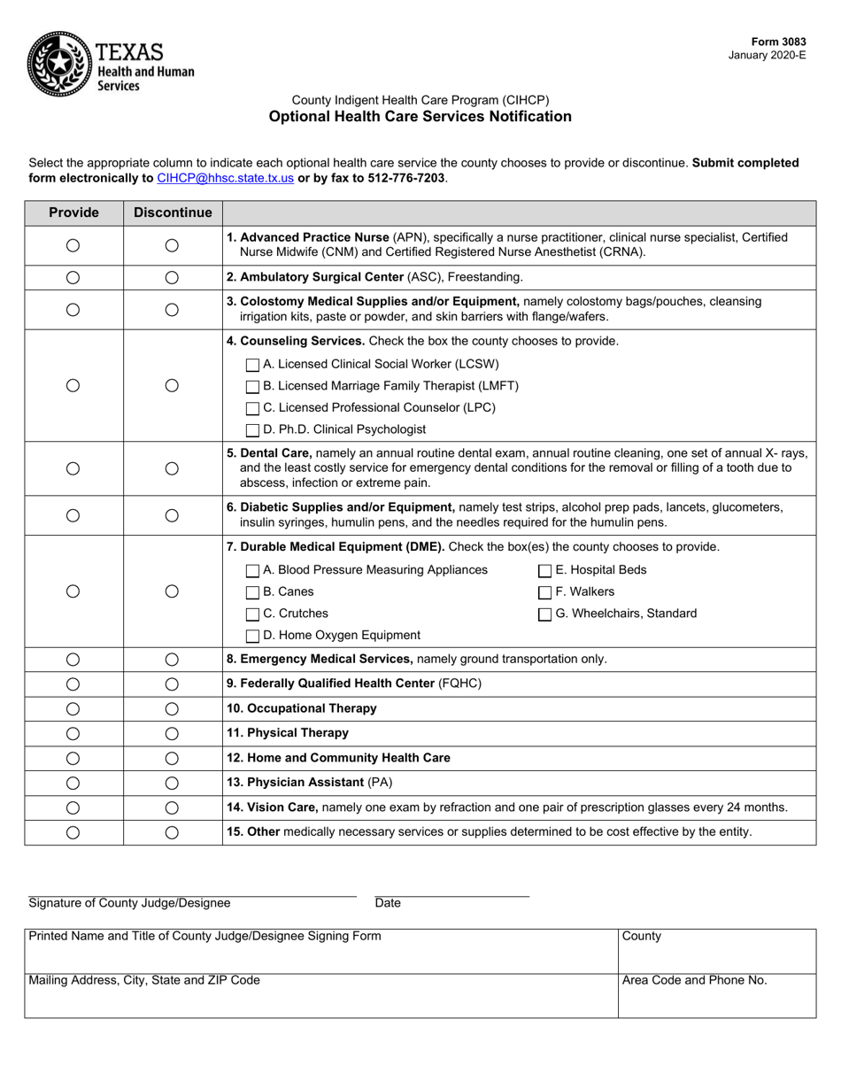 Form 3083 Optional Health Care Services Notification - Texas, Page 1