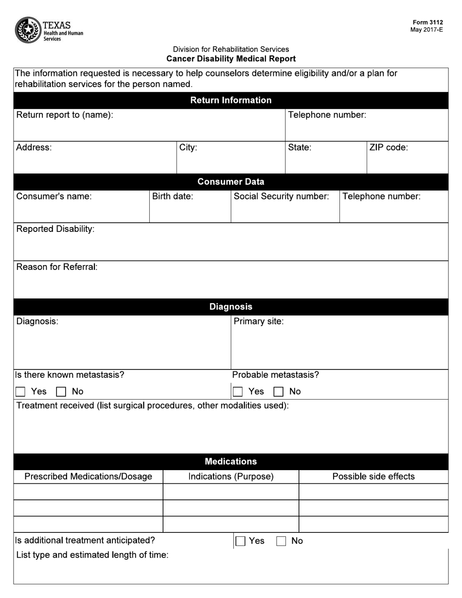 Form 3112 Cancer Disability Medical Report - Texas, Page 1