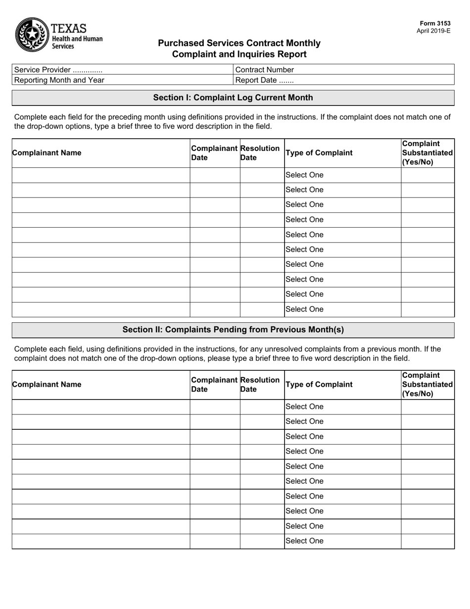 Form 3153 Purchased Services Contract Monthly Complaint and Inquiries Report - Texas, Page 1