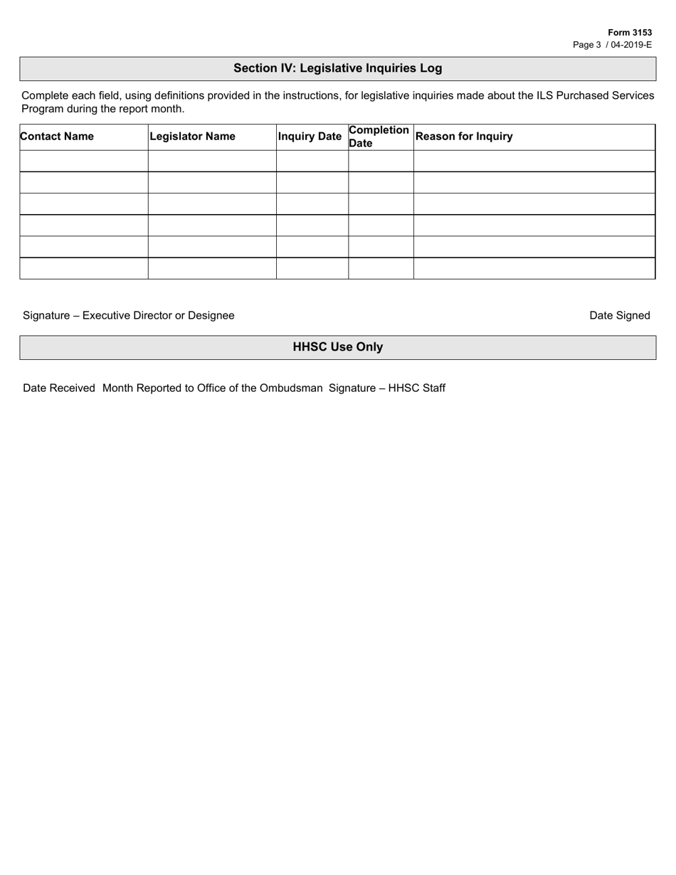 Form 3153 Purchased Services Contract Monthly Complaint and Inquiries Report - Texas, Page 3
