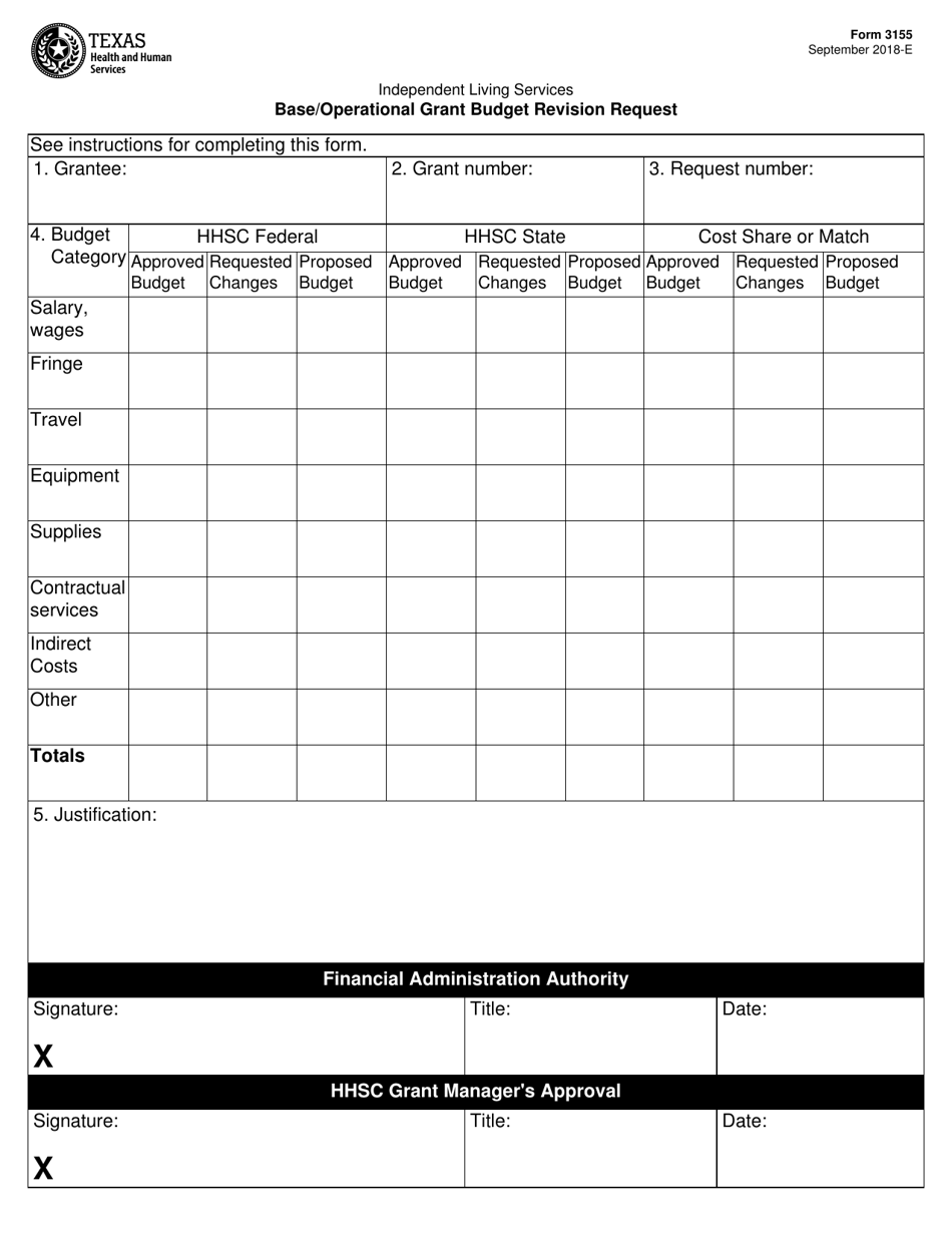 Form 3155 Base / Operational Grant Budget Revision Request - Texas, Page 1