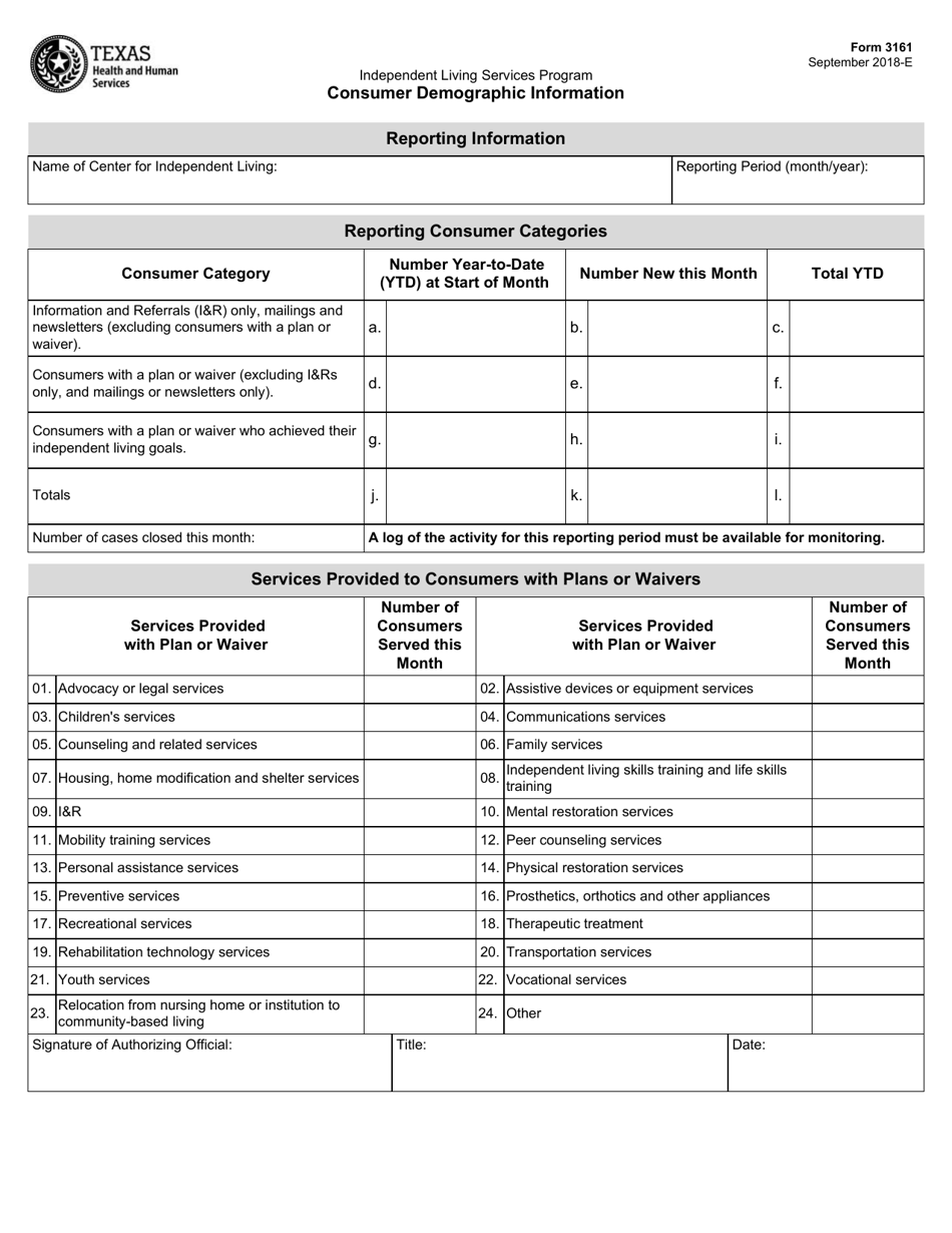 Form 3161 Independent Living Services Program Consumer Demographic Information - Texas, Page 1