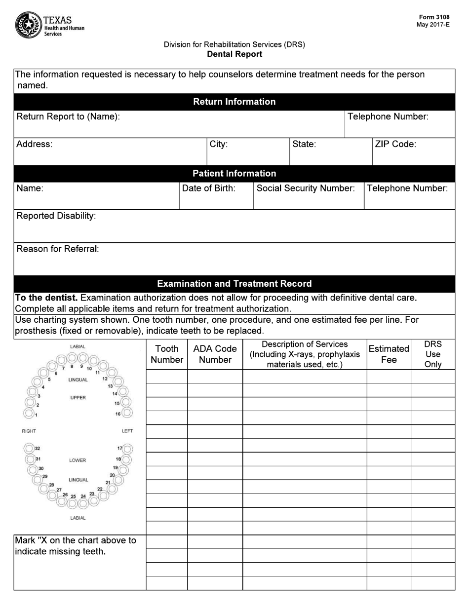 Form 3108 Dental Report - Texas, Page 1