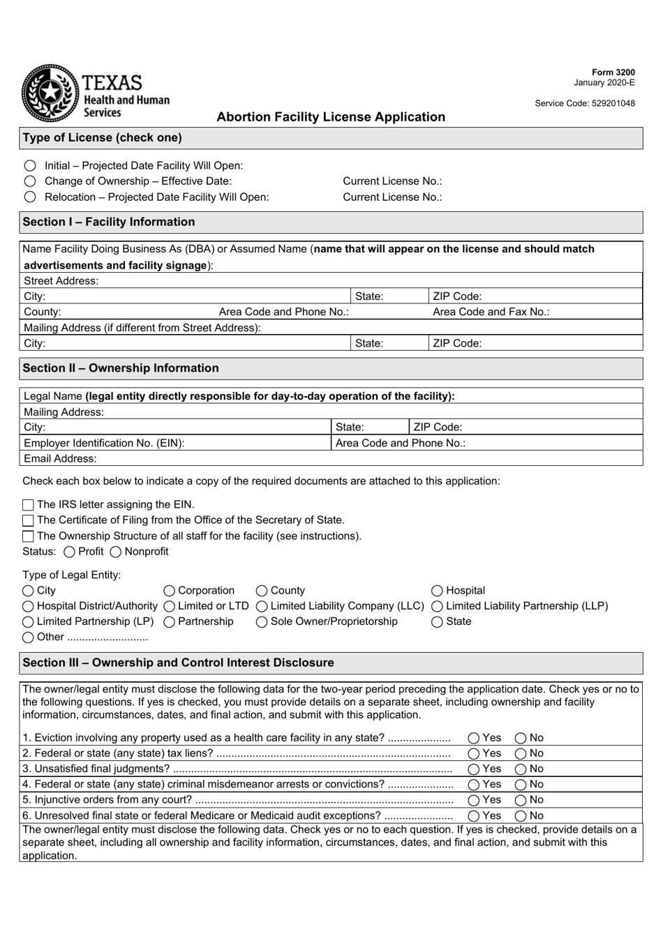 Form 3200 Abortion Facility License Application - Texas, Page 1