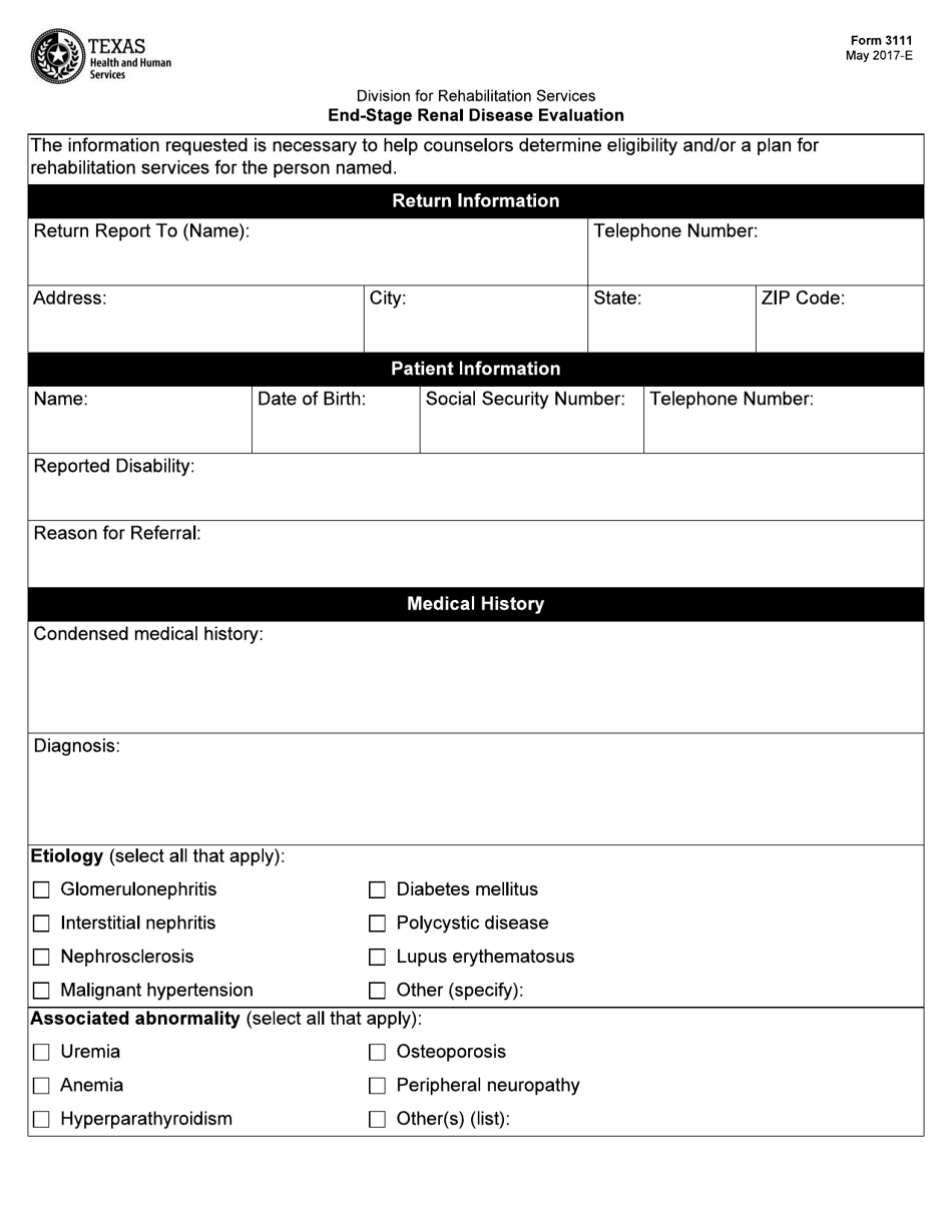 Form 3111 End-Stage Renal Disease Evaluation - Texas, Page 1