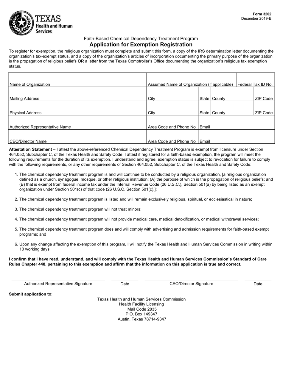 Form 3202 Faith-Based Chemical Dependency Treatment Program Application for Exemption Registration - Texas, Page 1